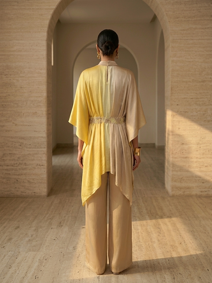 BEIGE MUSTARD CO RD SET WITH EMBROIDERY AROUND THE WAIST