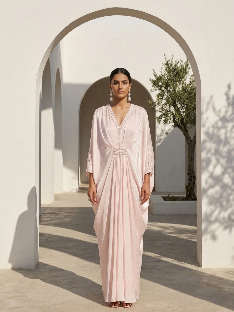 ONION PINK KAFTAN WITH EMBROIDERED NECKLINE WAIST AND SLEEVES.