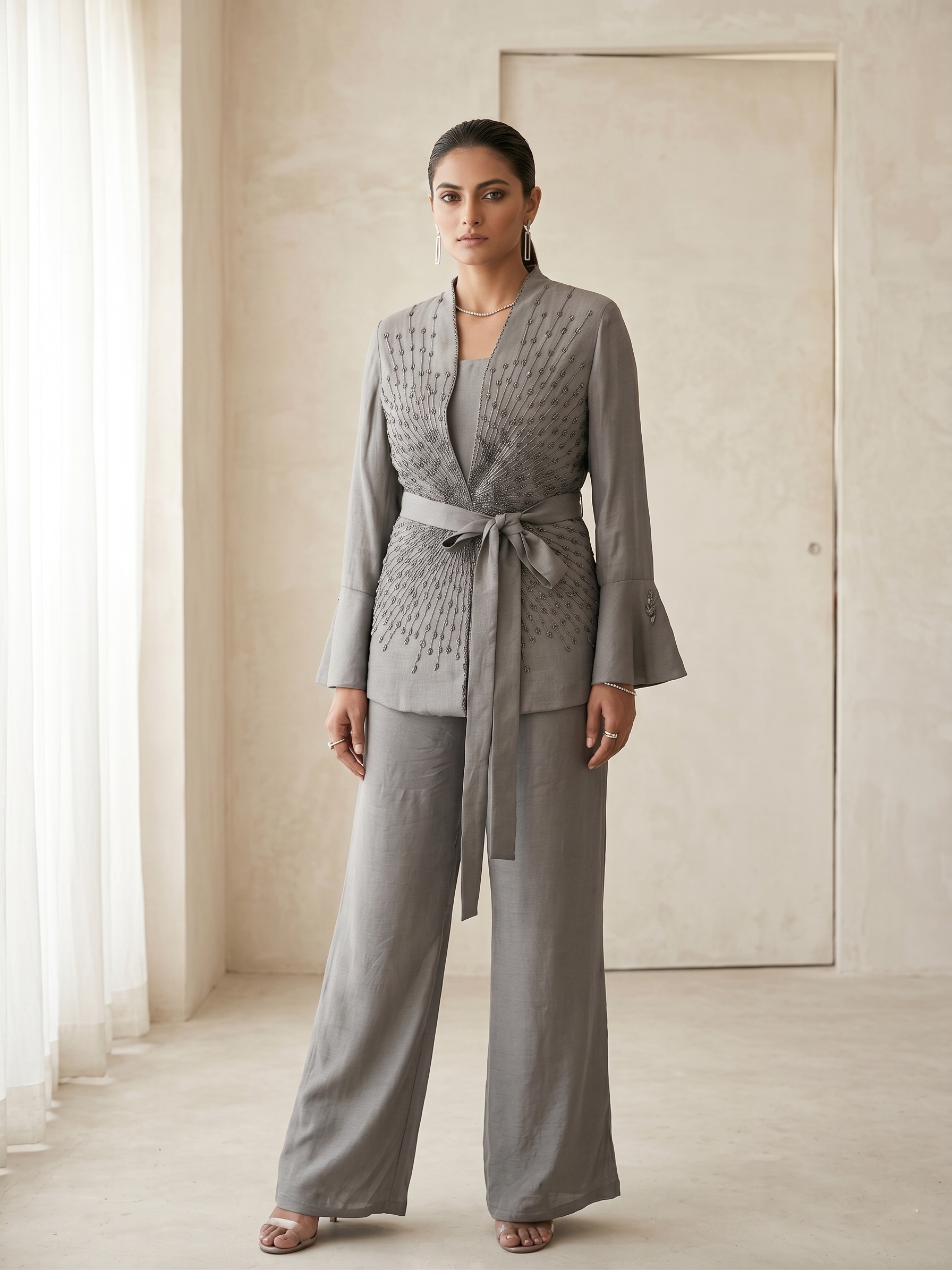 ELEGANT JACKET TOP WITH BELT & MATCHING PANTS.