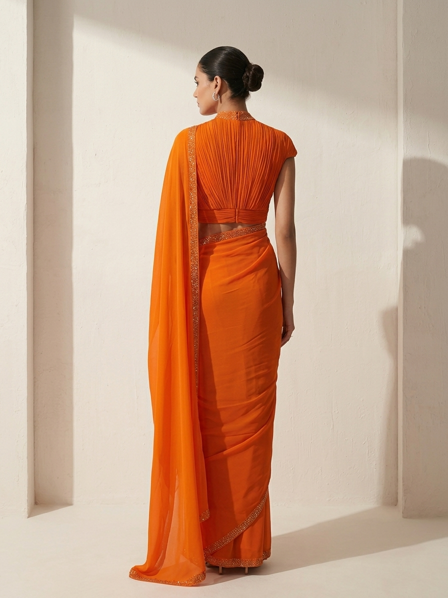 ORANGE DRAPED BLOUSE WITH OMBRE  SAREE.