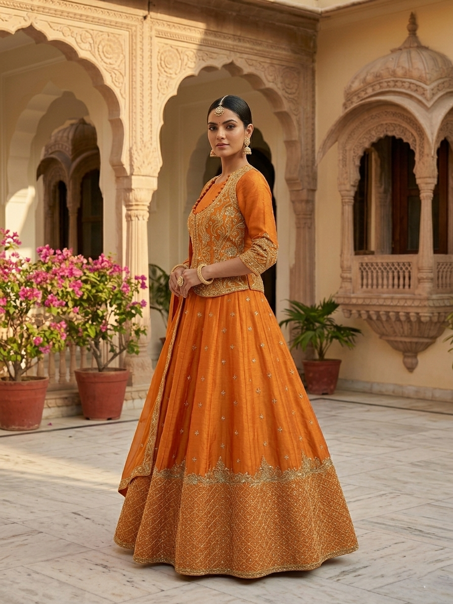 ORANGE EMBROIDERED ANARKALI JACKET SET WITH DUPATTA.
