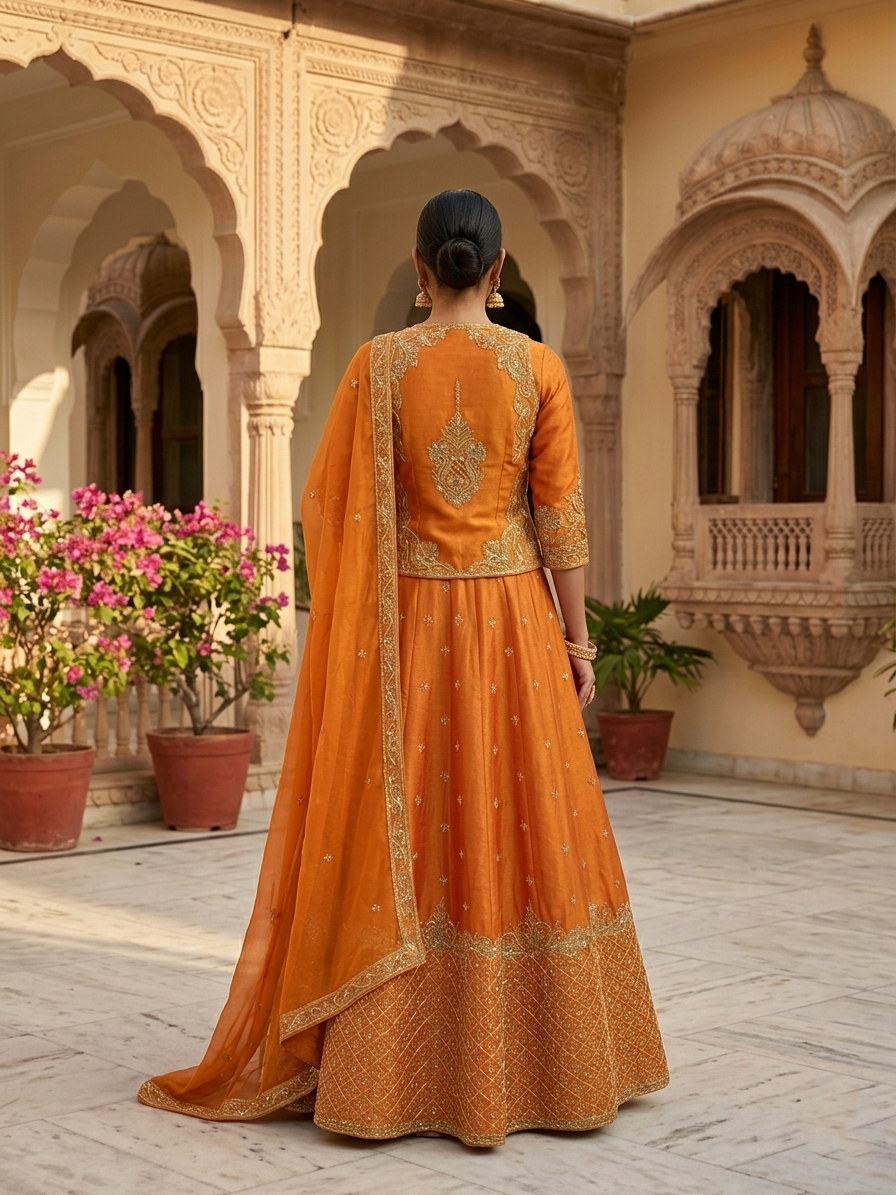 ORANGE EMBROIDERED ANARKALI JACKET SET WITH DUPATTA.