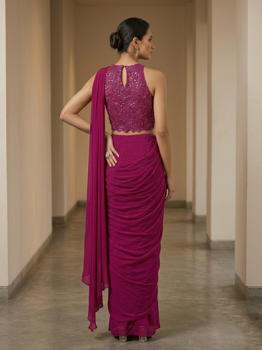 MAGENTA DRAPE SAREE WITH EMBROIDERED BLOUSE