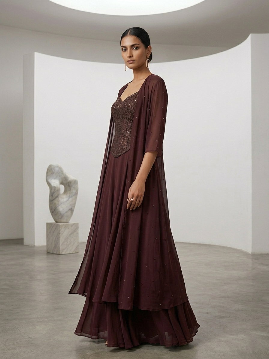 BROWN CORSET  CAPE SET WITH  FISH CUT SKIRT.