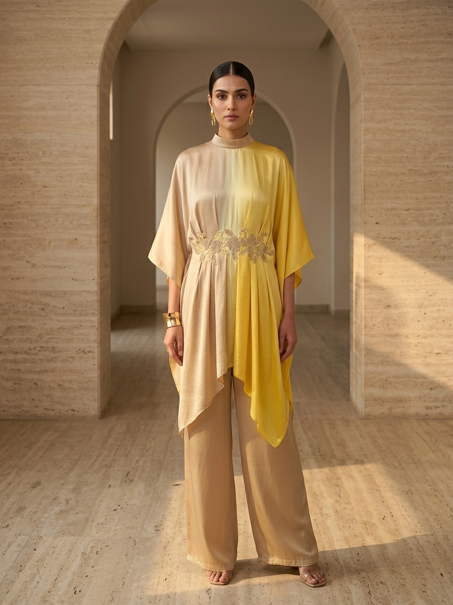 BEIGE MUSTARD CO RD SET WITH EMBROIDERY AROUND THE WAIST