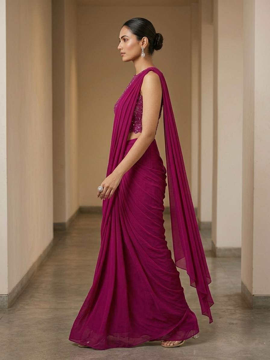 MAGENTA DRAPE SAREE WITH EMBROIDERED BLOUSE