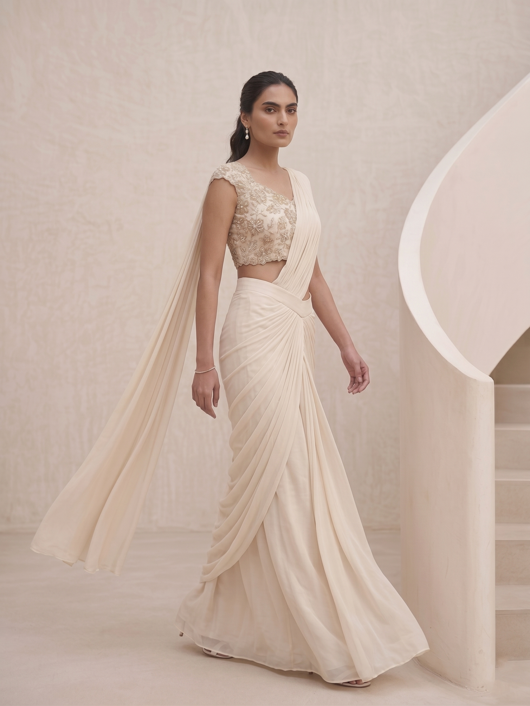 OFF WHITE DRAPE SAREE WITH APPLIQUE FLORAL WORK BLOUSE.
