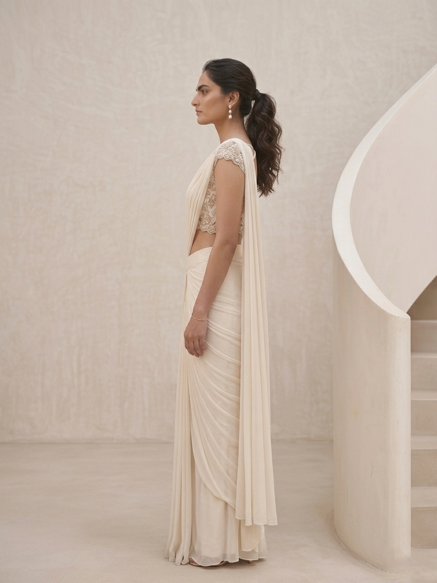 OFF WHITE DRAPE SAREE WITH APPLIQUE FLORAL WORK BLOUSE.