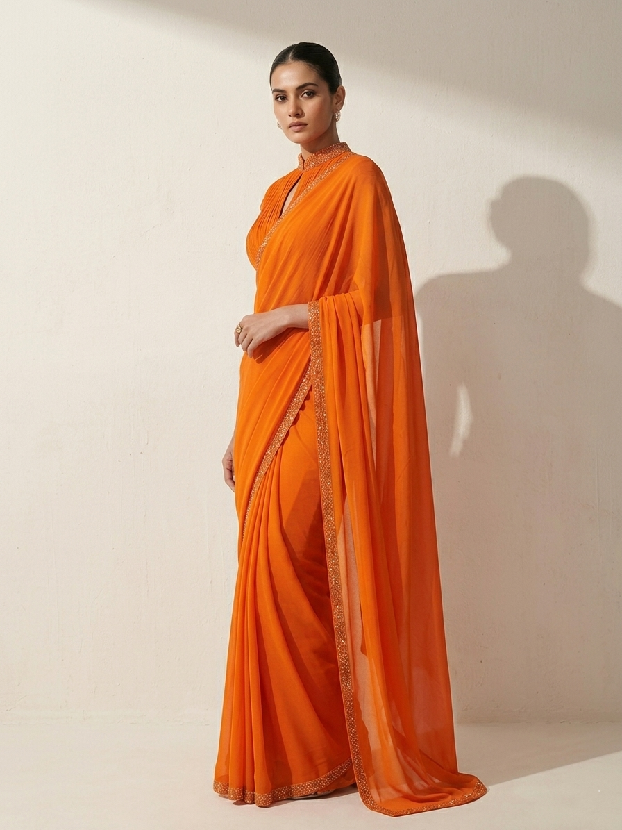 ORANGE DRAPED BLOUSE WITH OMBRE  SAREE.