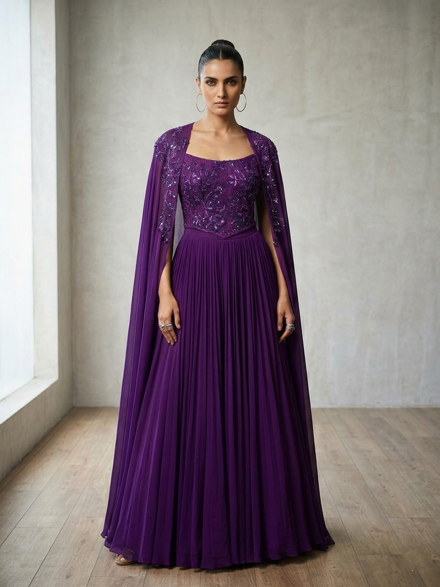 PURPLE EMBROIDERED CORSET TOP WITH FLARED SKIRT AND CAPE.