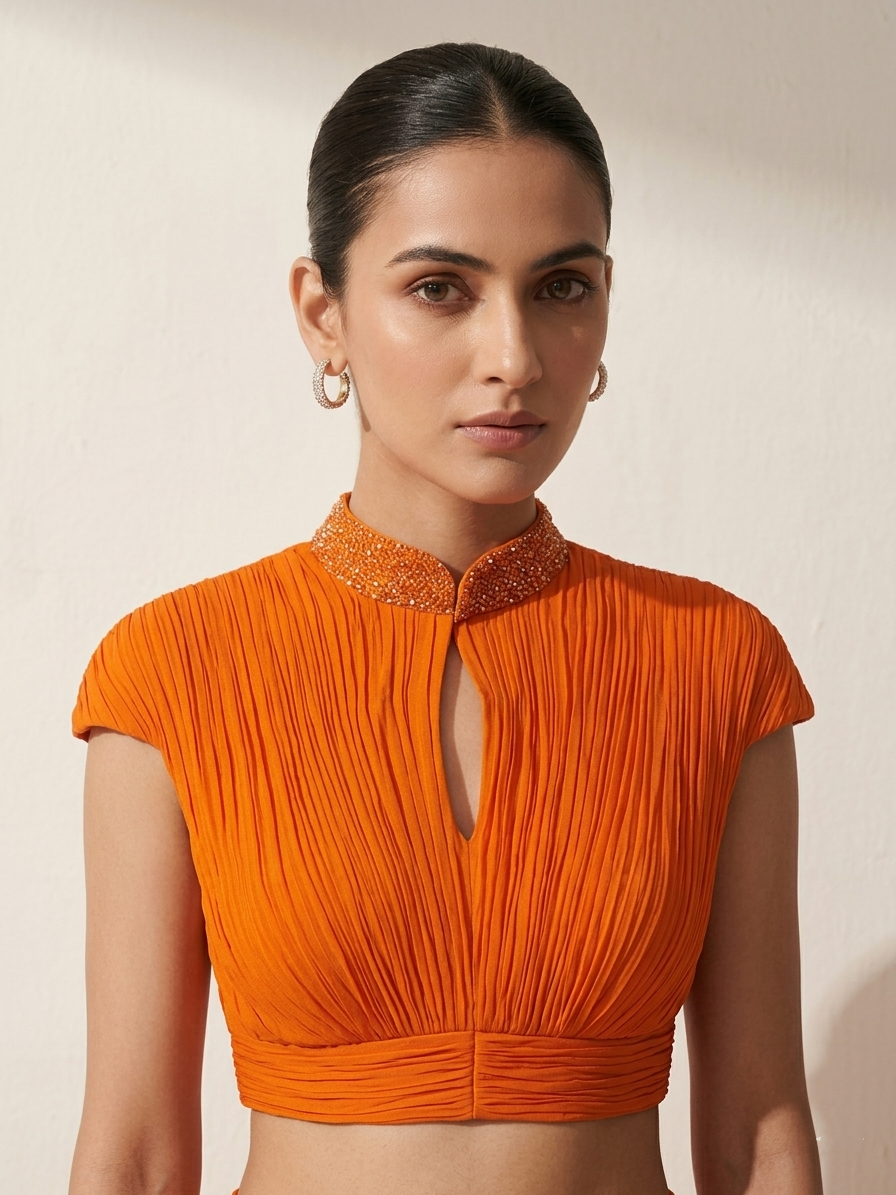 ORANGE DRAPED BLOUSE WITH OMBRE  SAREE.