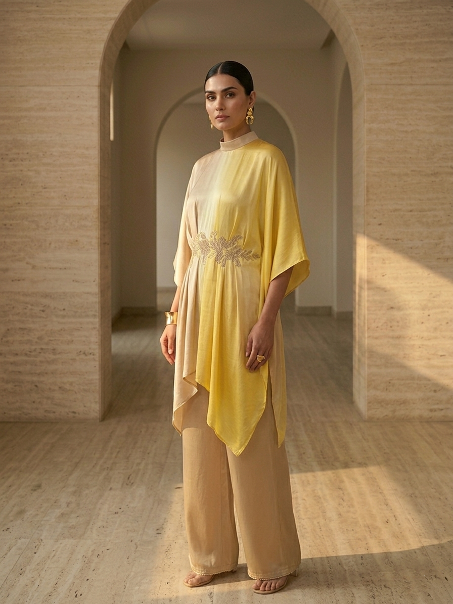 BEIGE MUSTARD CO RD SET WITH EMBROIDERY AROUND THE WAIST