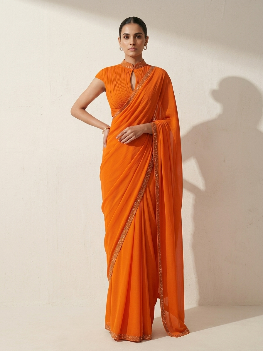 ORANGE DRAPED BLOUSE WITH OMBRE  SAREE.