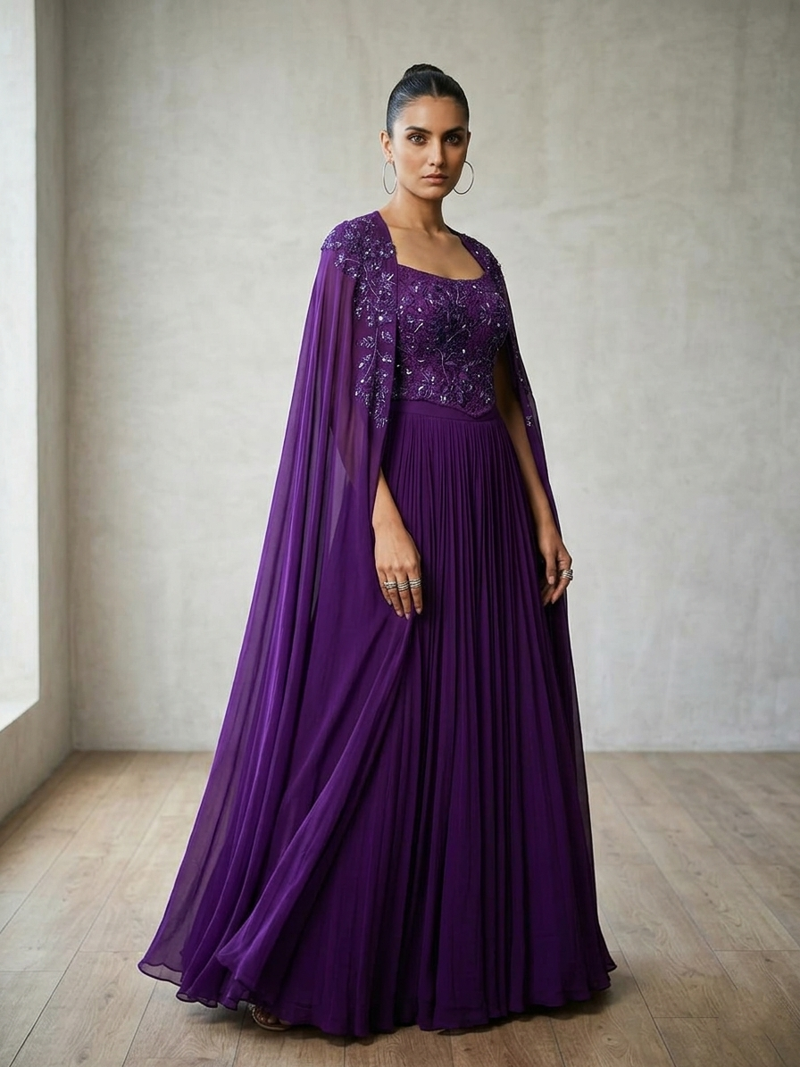 PURPLE EMBROIDERED CORSET TOP WITH FLARED SKIRT AND CAPE.