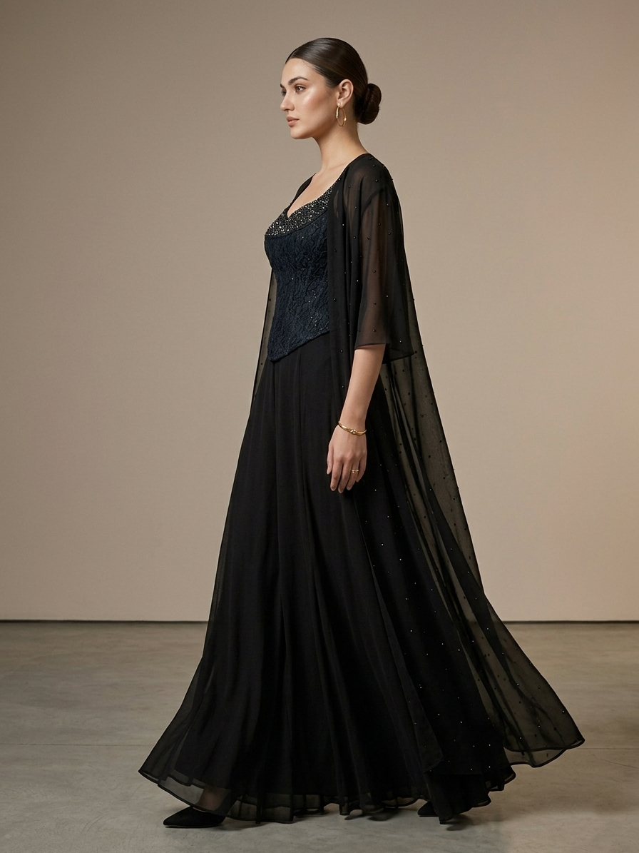 BLACK CORSET CAPE SET WITH FISH CUT SKIRT.