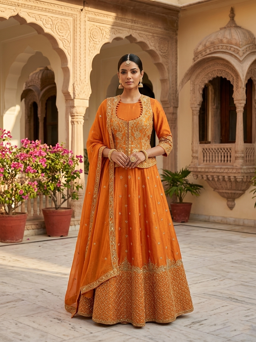 ORANGE EMBROIDERED ANARKALI JACKET SET WITH DUPATTA.