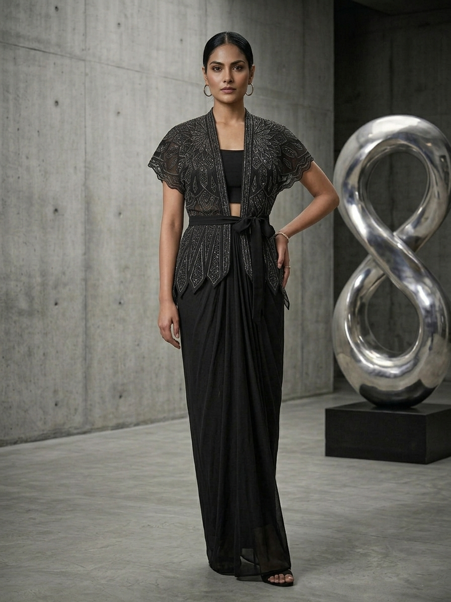 BLACK SKIRT & TOP WITH EMBELLISHED BELTED JACKET.