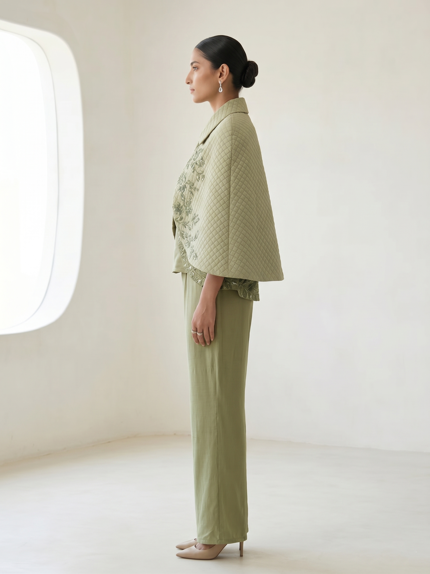 SAGE GREEN QUILTED EMBROIDERED JACKET WITH INNER & PANTS.