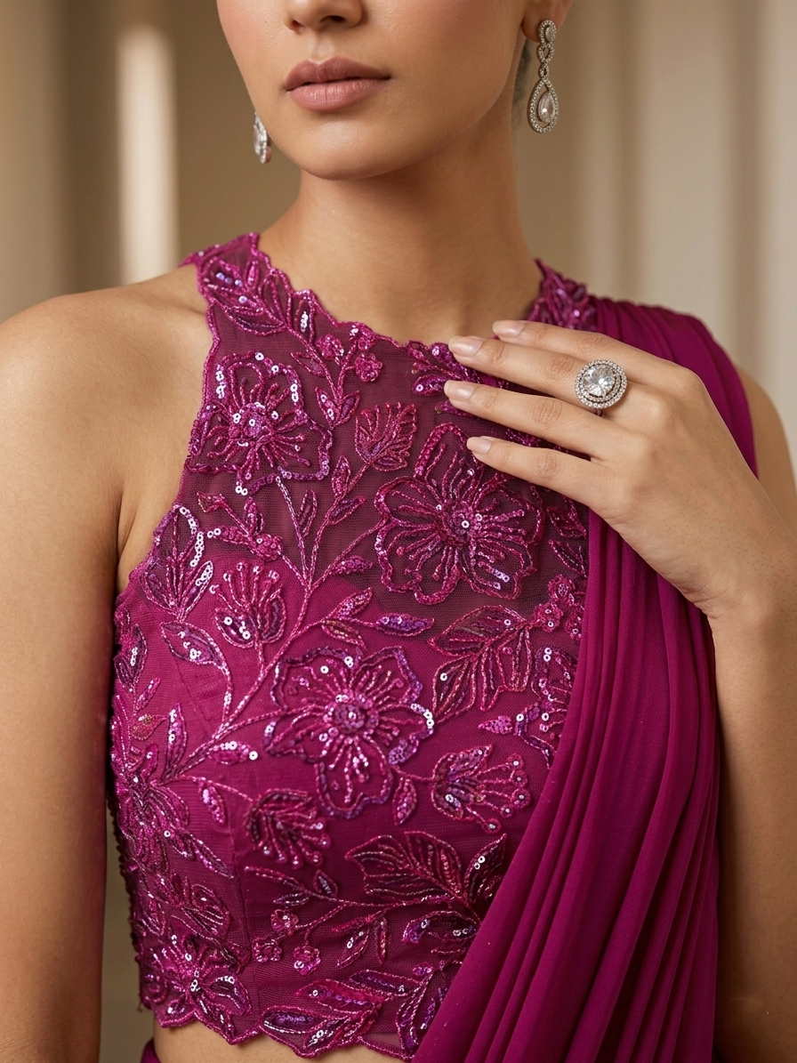 MAGENTA DRAPE SAREE WITH EMBROIDERED BLOUSE