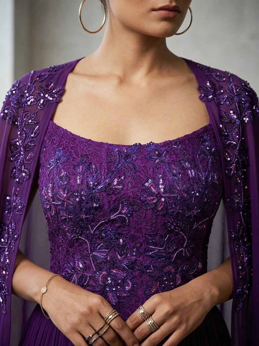 PURPLE EMBROIDERED CORSET TOP WITH FLARED SKIRT AND CAPE.