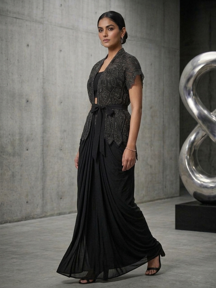 BLACK SKIRT & TOP WITH EMBELLISHED BELTED JACKET.