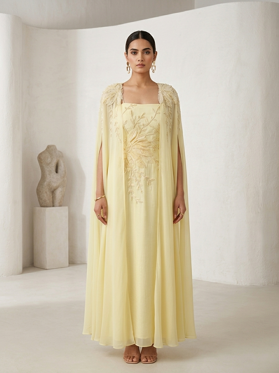 FLORAL EMBROIDERED CAPE GOWN.