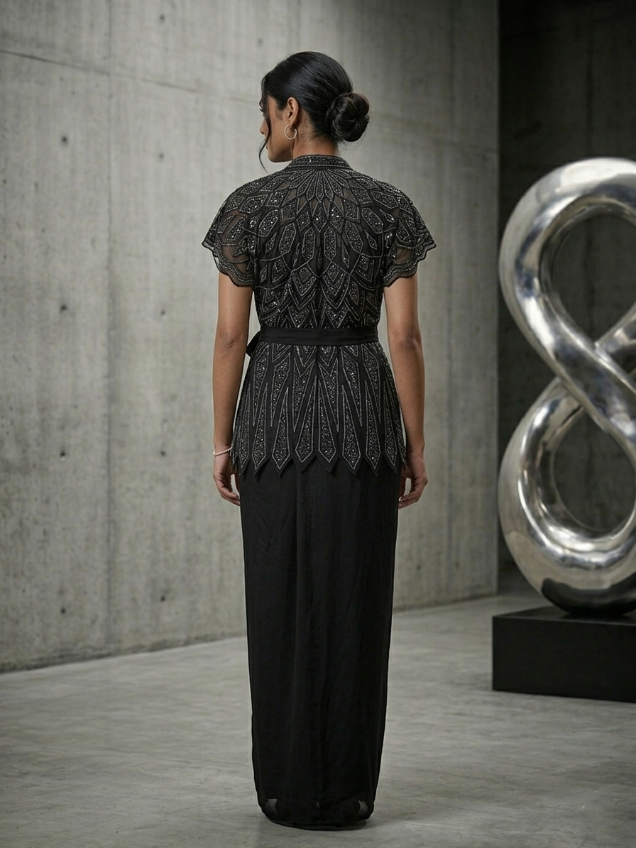 BLACK SKIRT & TOP WITH EMBELLISHED BELTED JACKET.