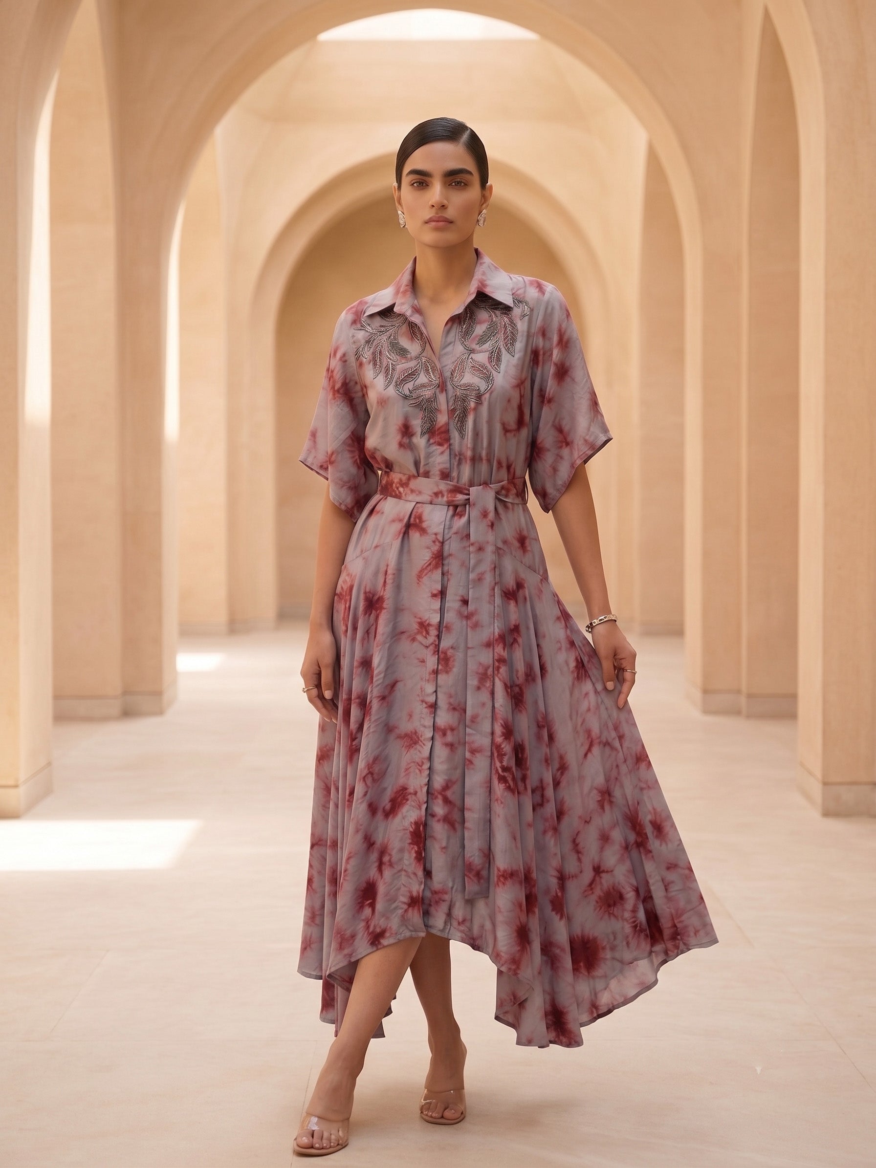 STYLISH  DRESS WITH ELEGANT WIRE EMBROIDERY ON THE FRONT.