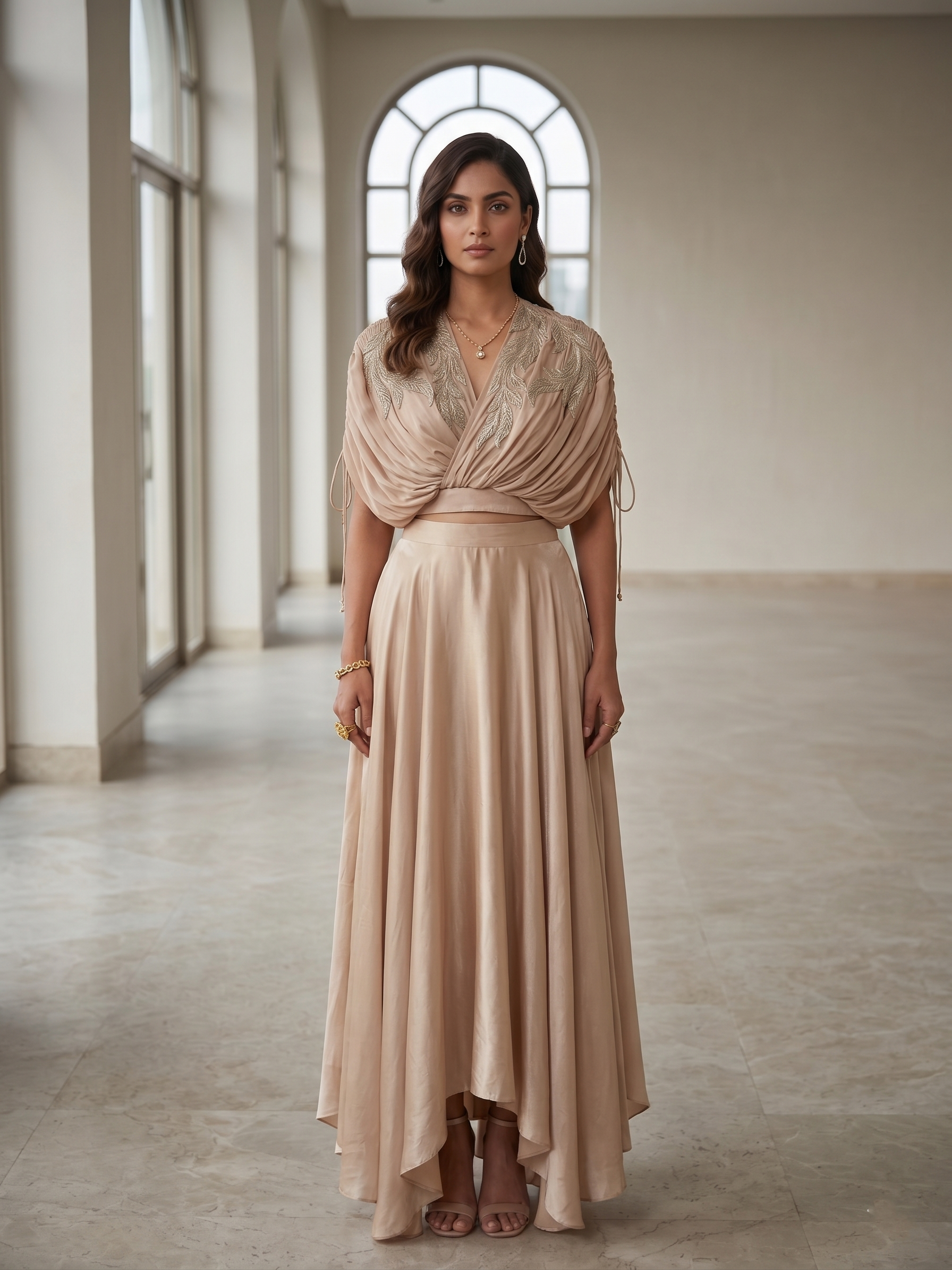 BEIGE BEAD AND WIRE EMBELLISHED CAPE TOP WITH DRAPED SKIRT.