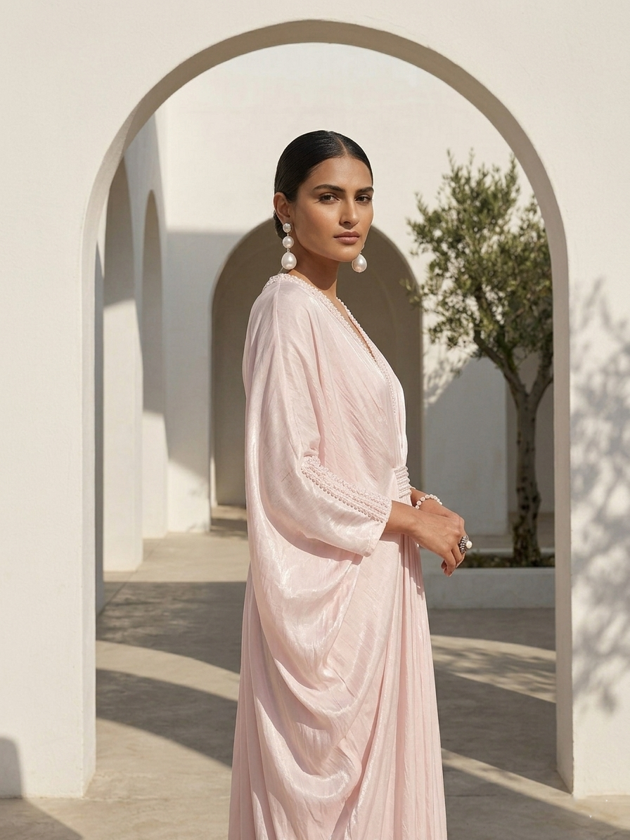 ONION PINK KAFTAN WITH EMBROIDERED NECKLINE WAIST AND SLEEVES.