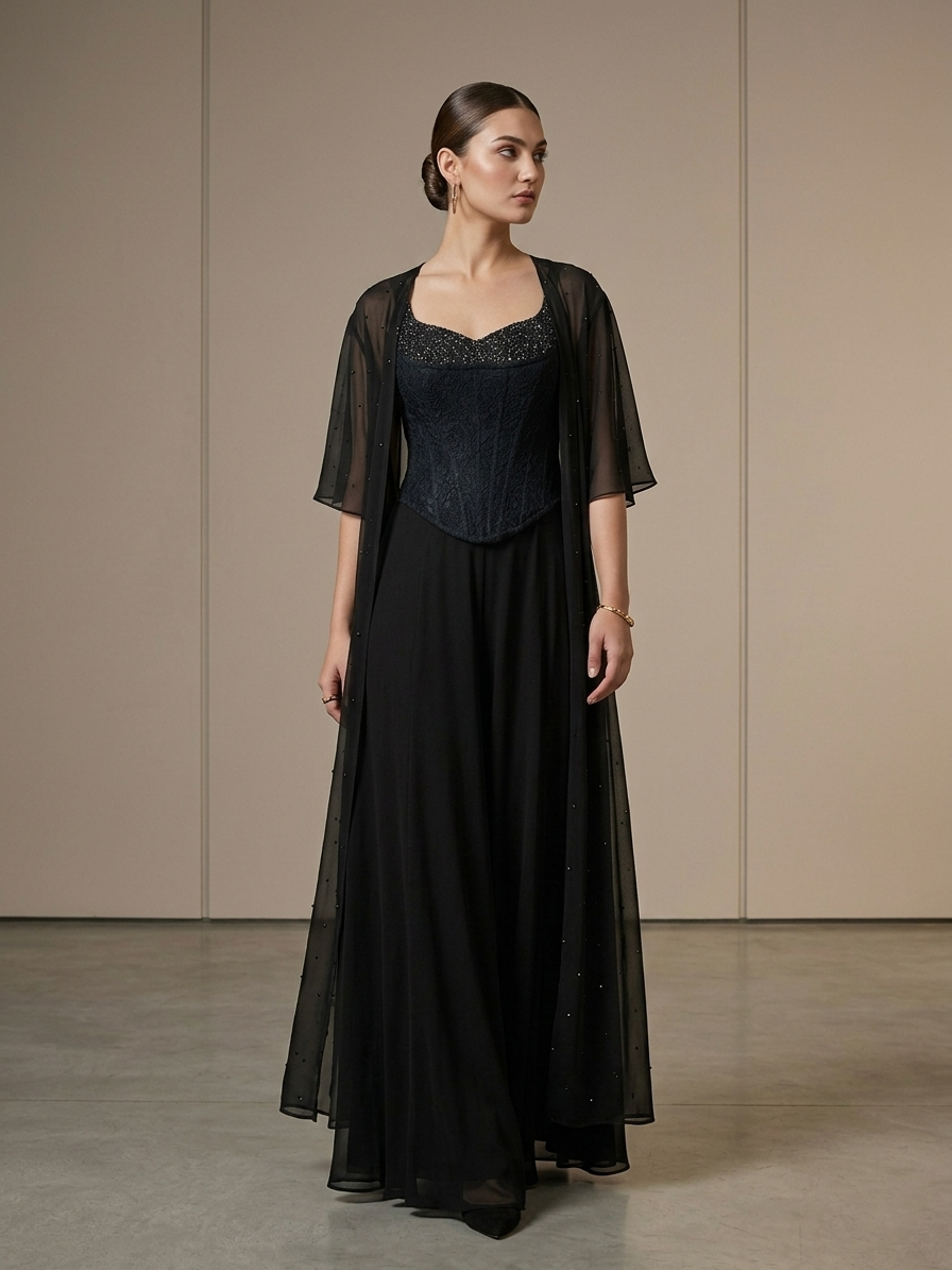 BLACK CORSET CAPE SET WITH FISH CUT SKIRT.