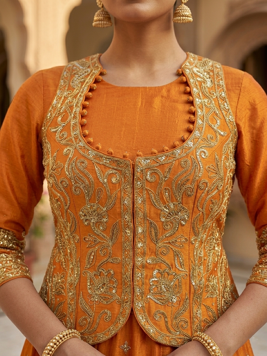 ORANGE EMBROIDERED ANARKALI JACKET SET WITH DUPATTA.