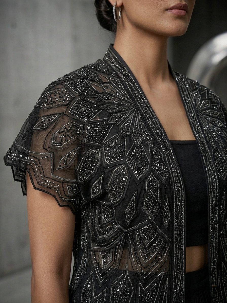 BLACK SKIRT & TOP WITH EMBELLISHED BELTED JACKET.