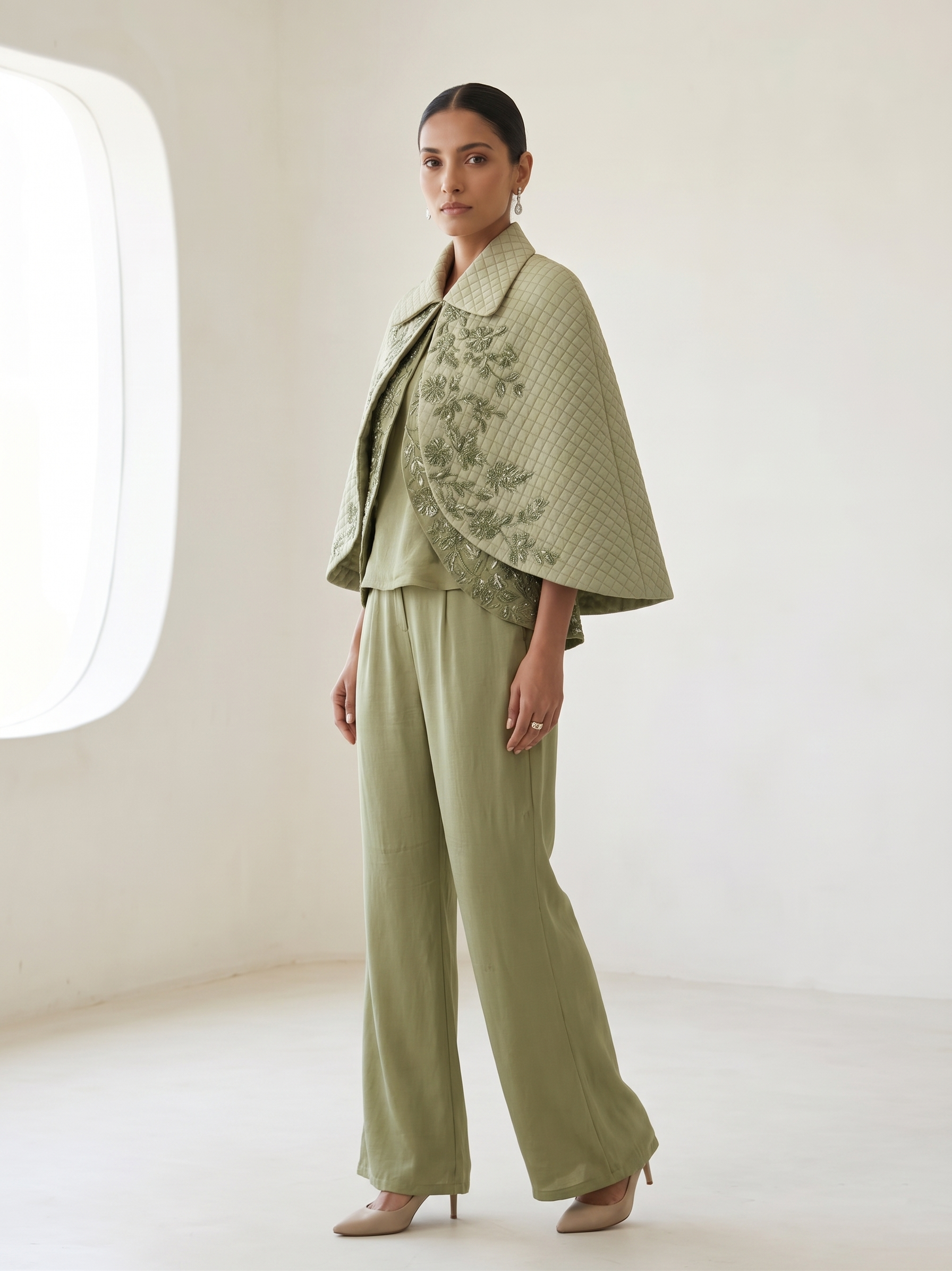 SAGE GREEN QUILTED EMBROIDERED JACKET WITH INNER & PANTS.