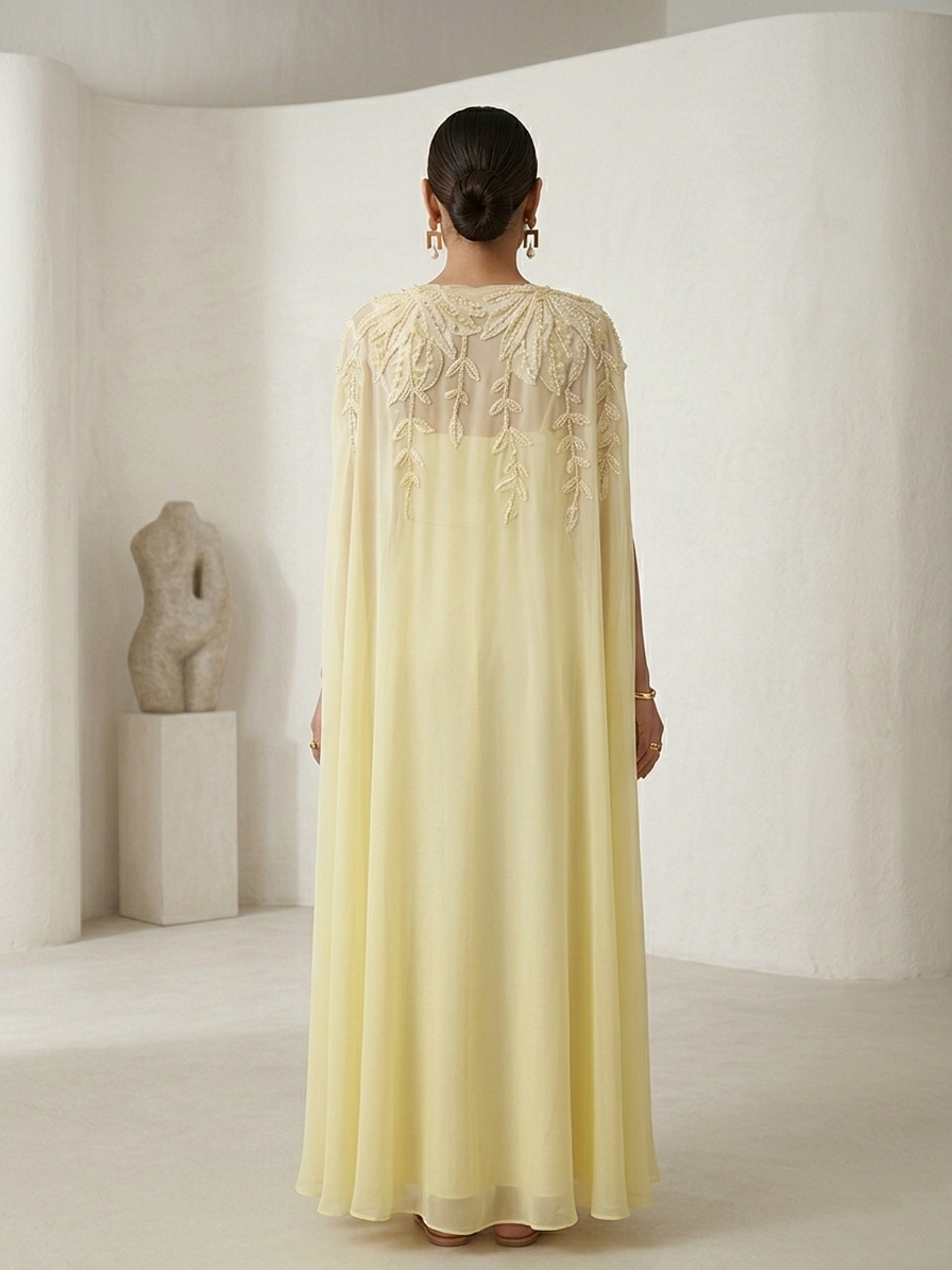 FLORAL EMBROIDERED CAPE GOWN.