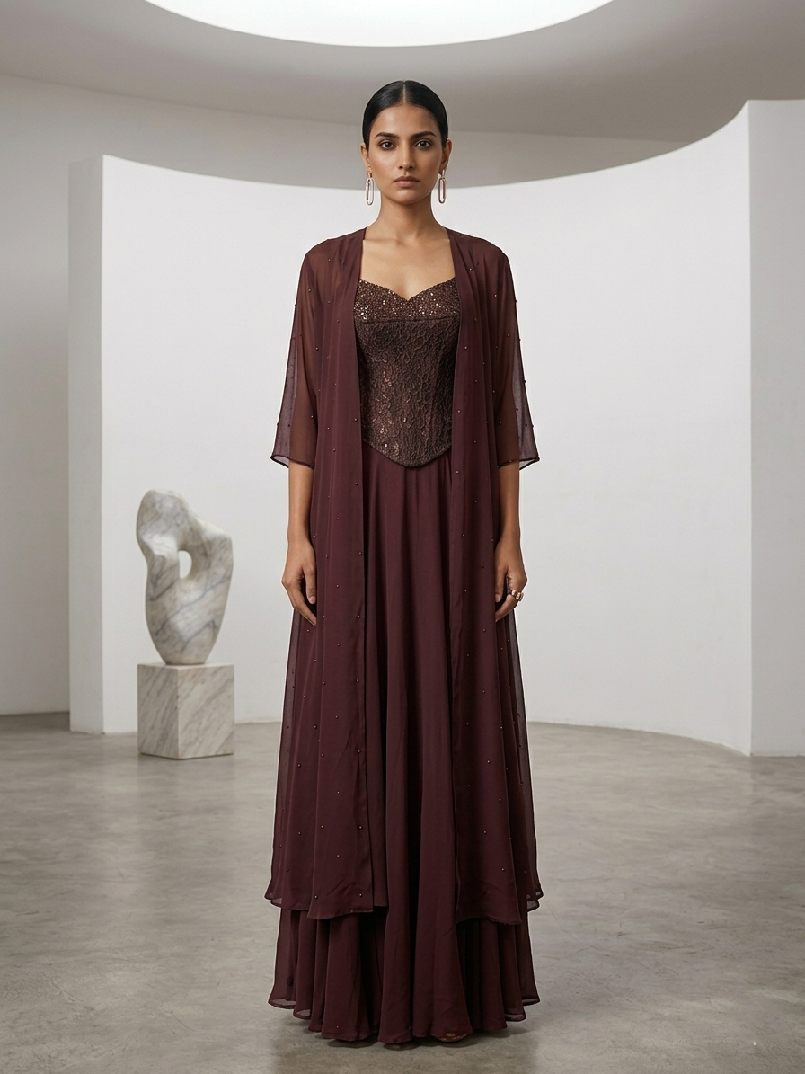 BROWN CORSET  CAPE SET WITH  FISH CUT SKIRT.