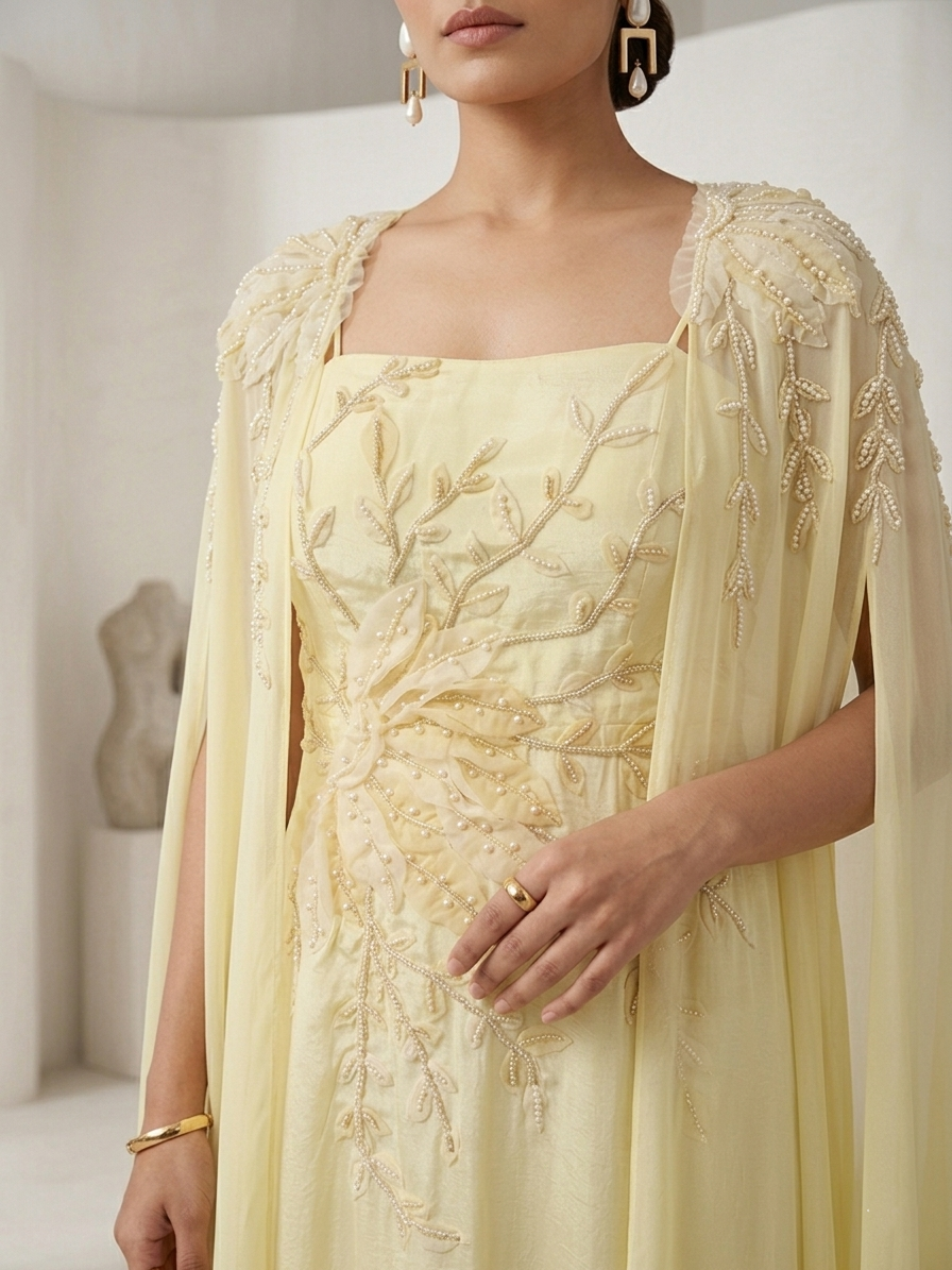 FLORAL EMBROIDERED CAPE GOWN.