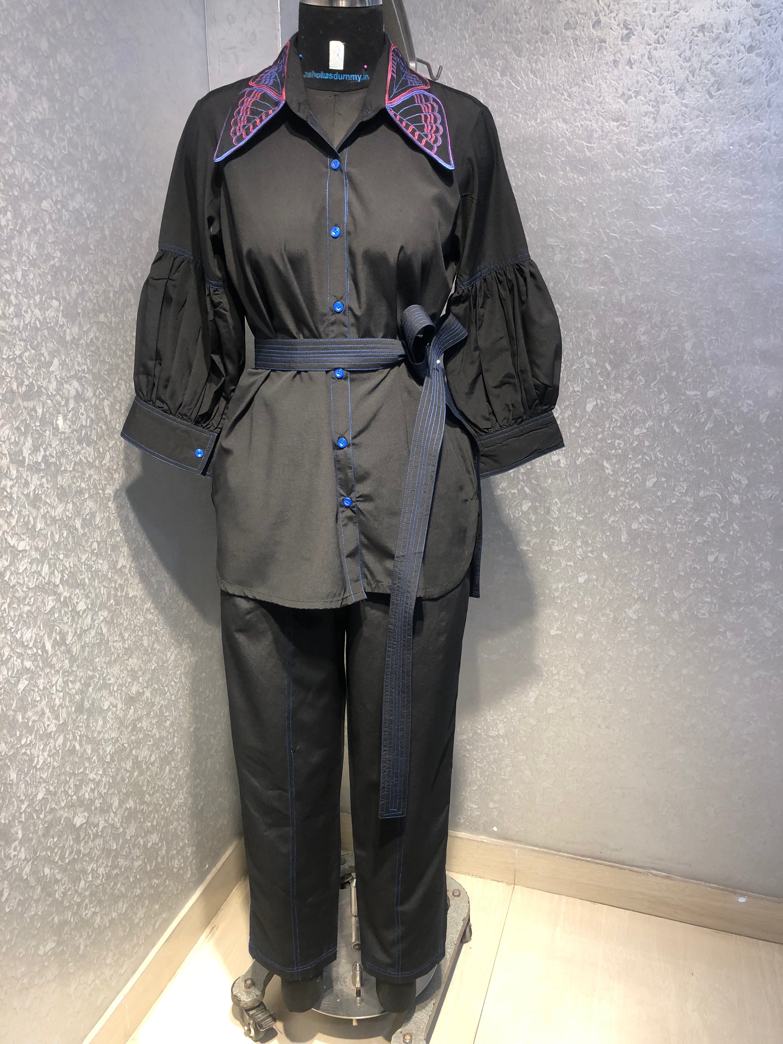 BLACK CO ORD SET WITH EMBROIDERED 3D COLLAR AND BELT