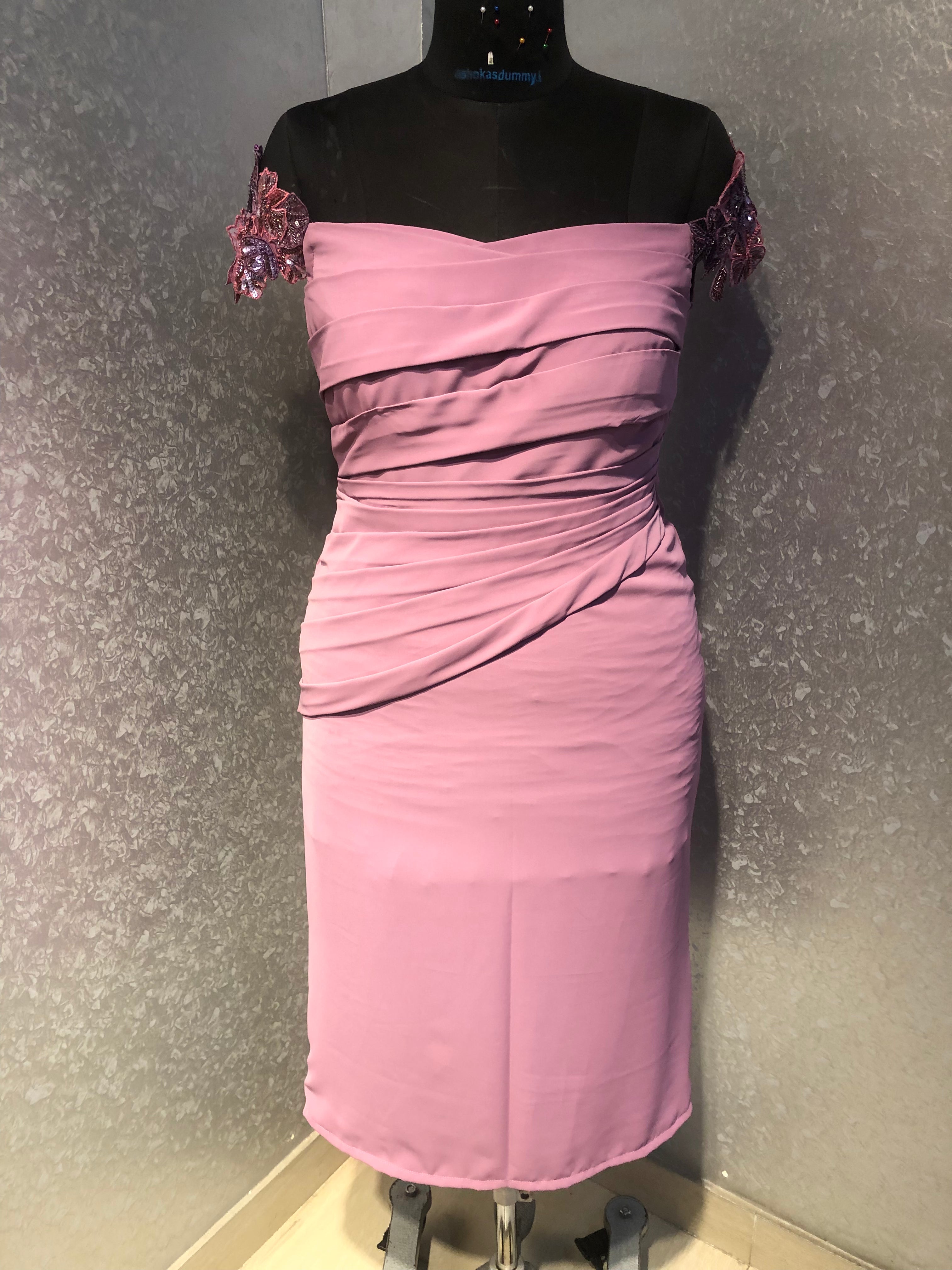 LILAC OFF SHOULDER DRAPED DRESS WITH APPLIQUE FLOWERS