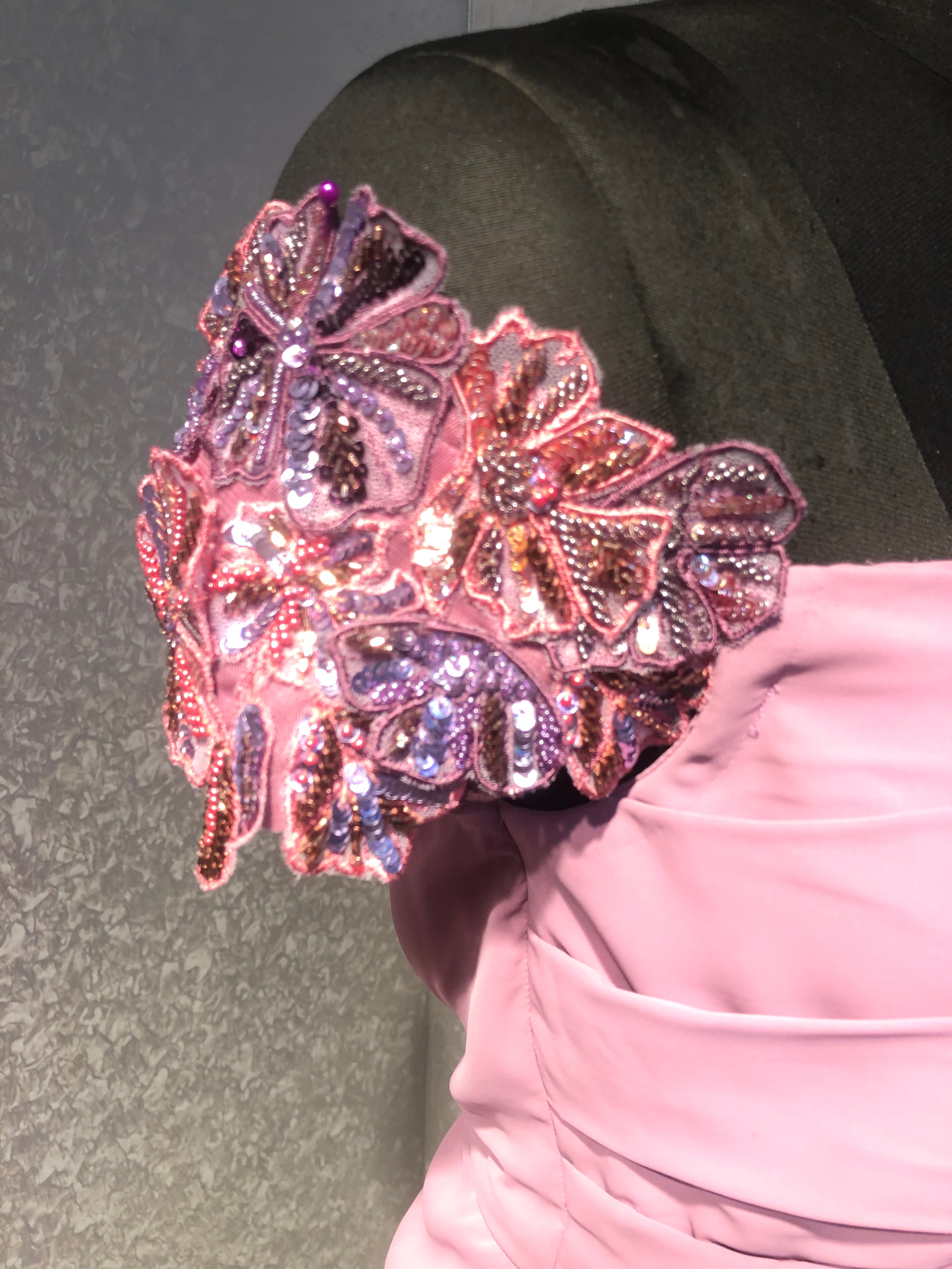 LILAC OFF SHOULDER DRAPED DRESS WITH APPLIQUE FLOWERS