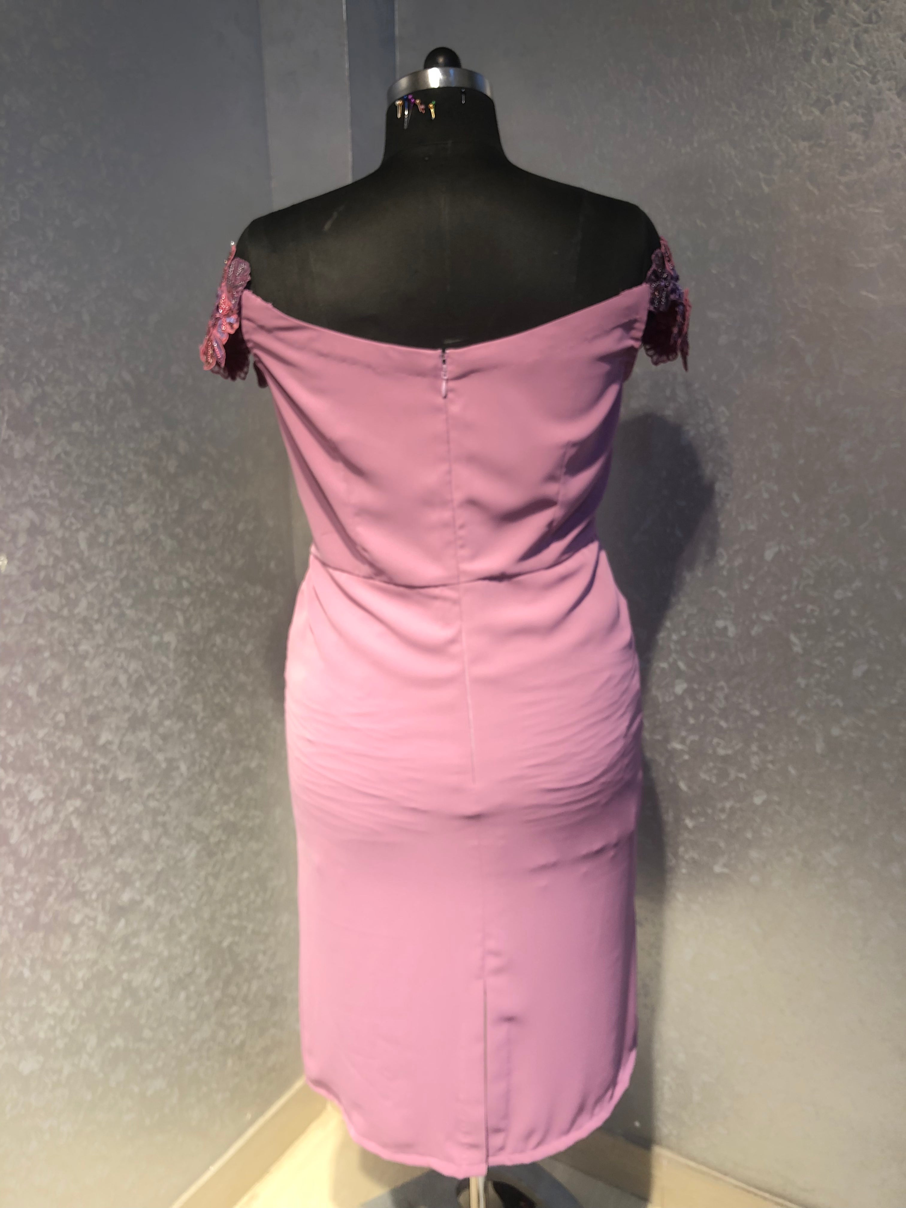 LILAC OFF SHOULDER DRAPED DRESS WITH APPLIQUE FLOWERS