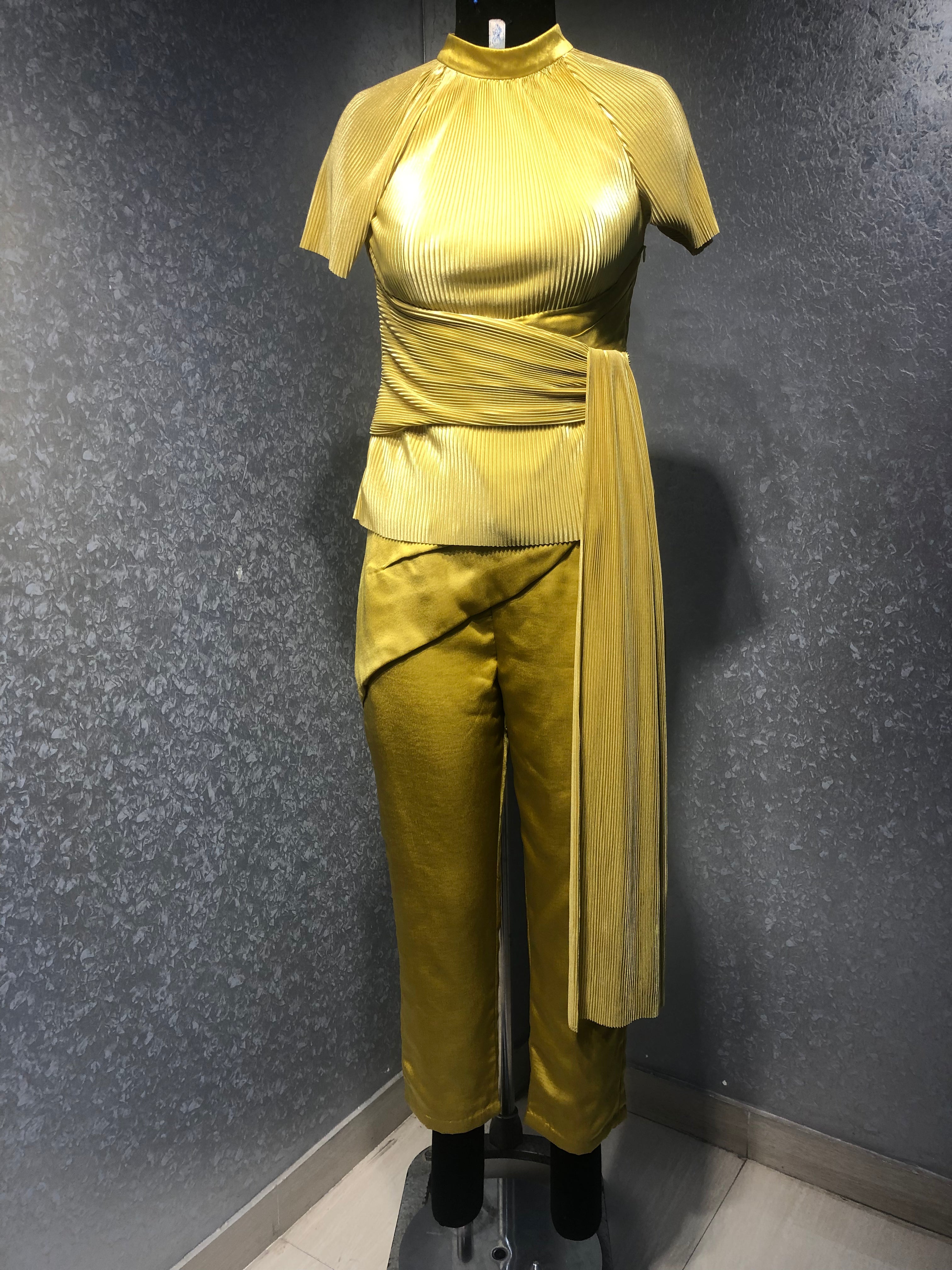 MUSTERD YELLOW PLEATED DRAPED TOP WITH SATIN PANTS