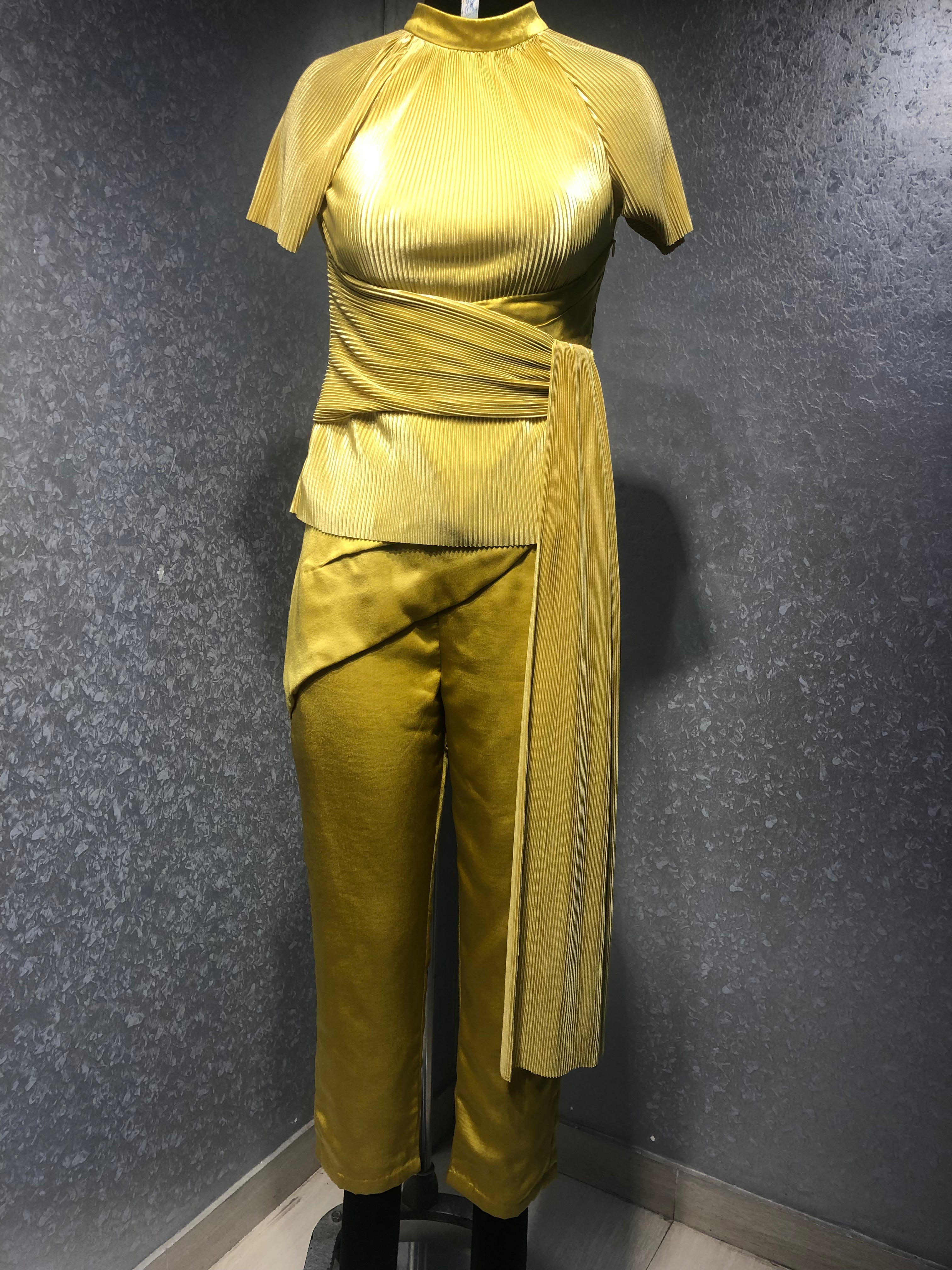 MUSTERD YELLOW PLEATED DRAPED TOP WITH SATIN PANTS