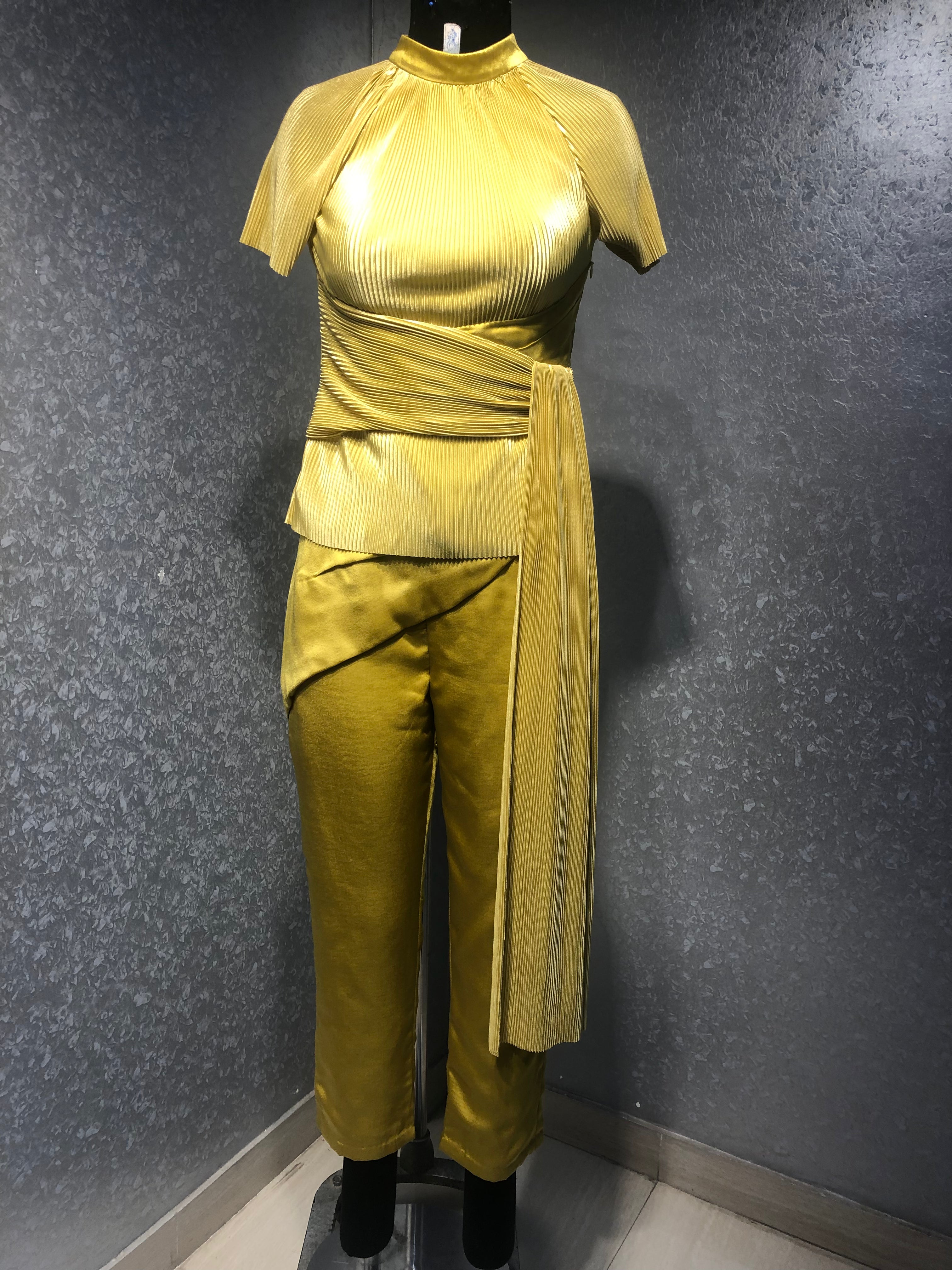 MUSTERD YELLOW PLEATED DRAPED TOP WITH SATIN PANTS