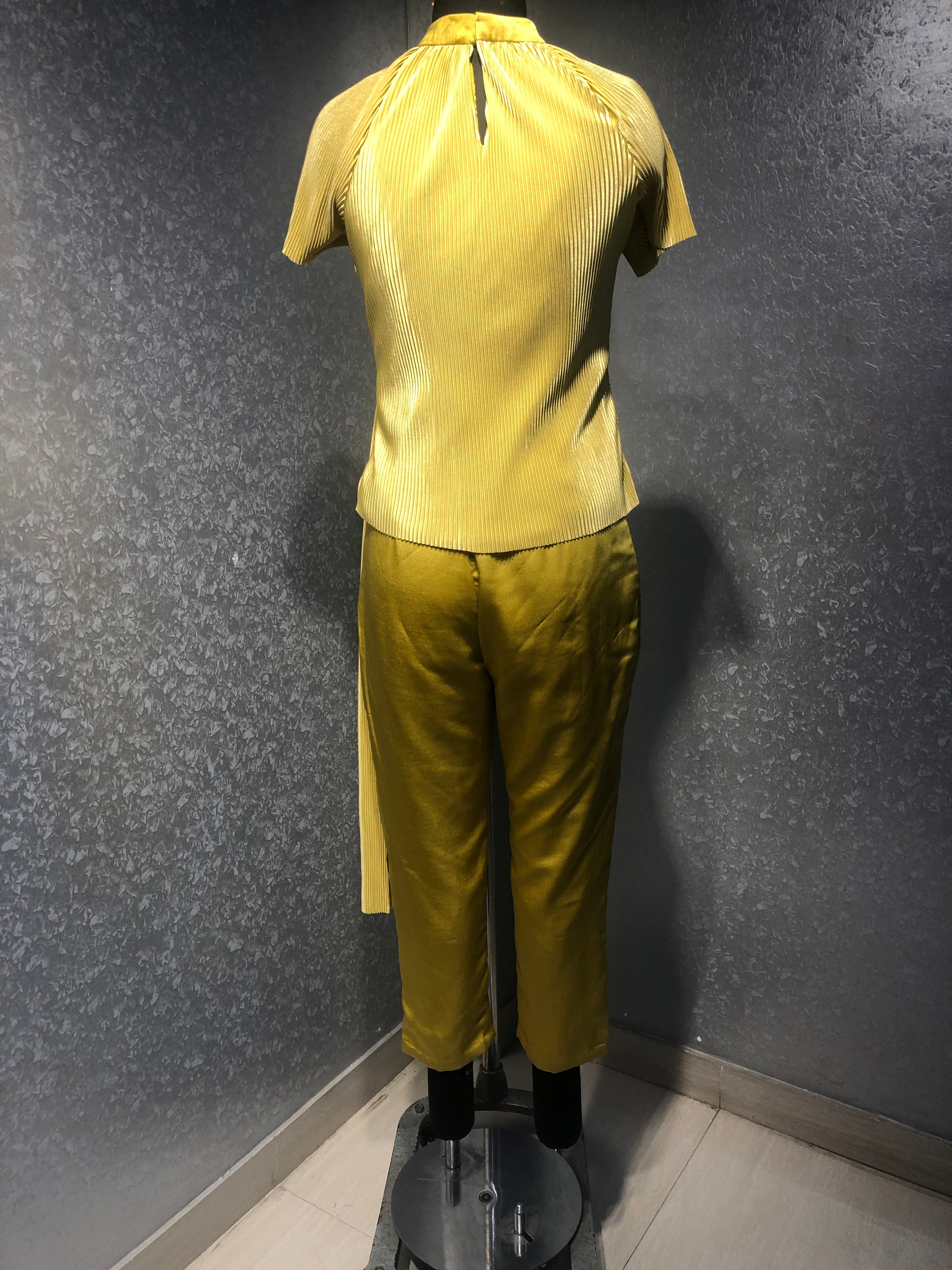 MUSTERD YELLOW PLEATED DRAPED TOP WITH SATIN PANTS