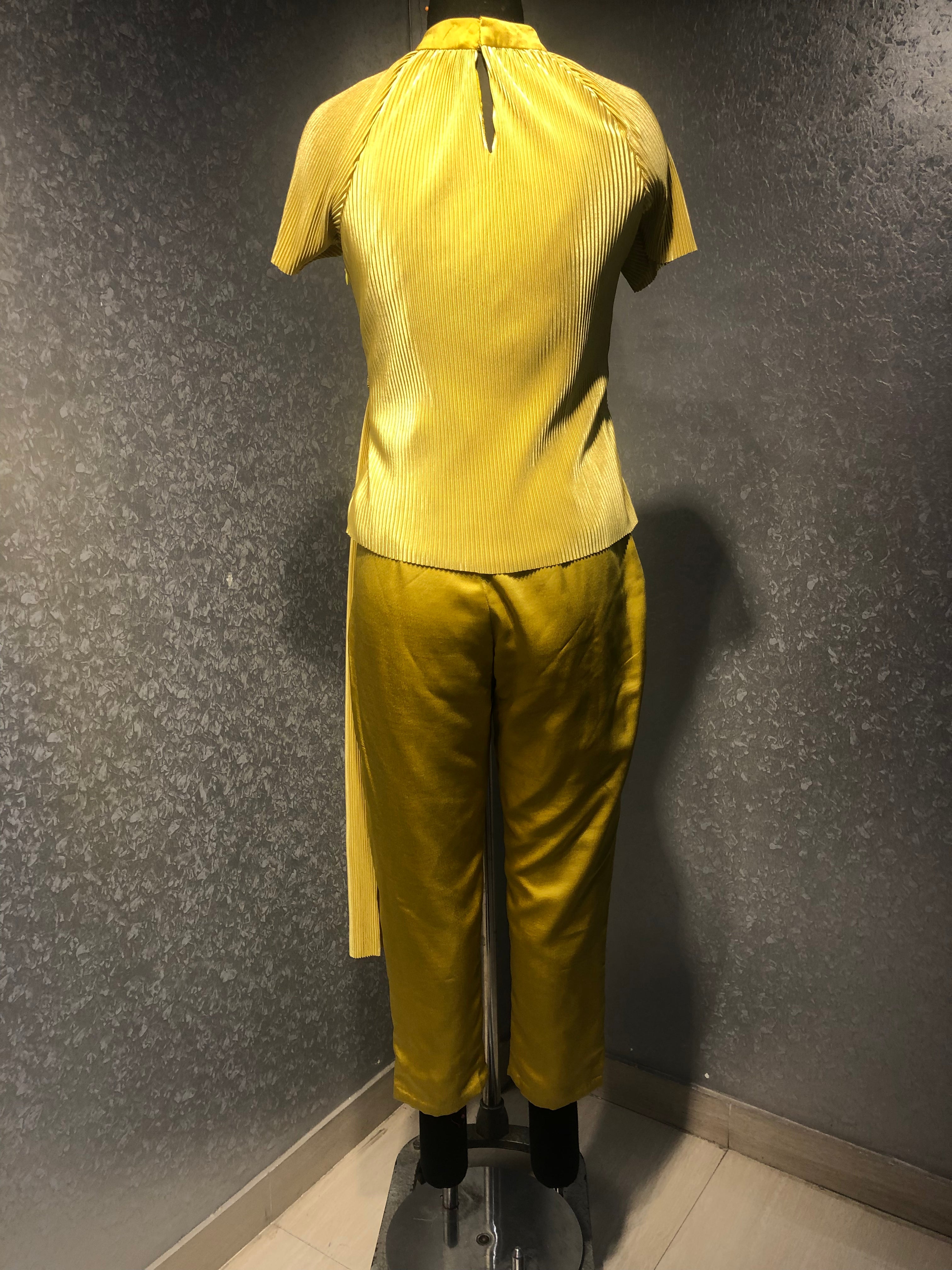MUSTERD YELLOW PLEATED DRAPED TOP WITH SATIN PANTS