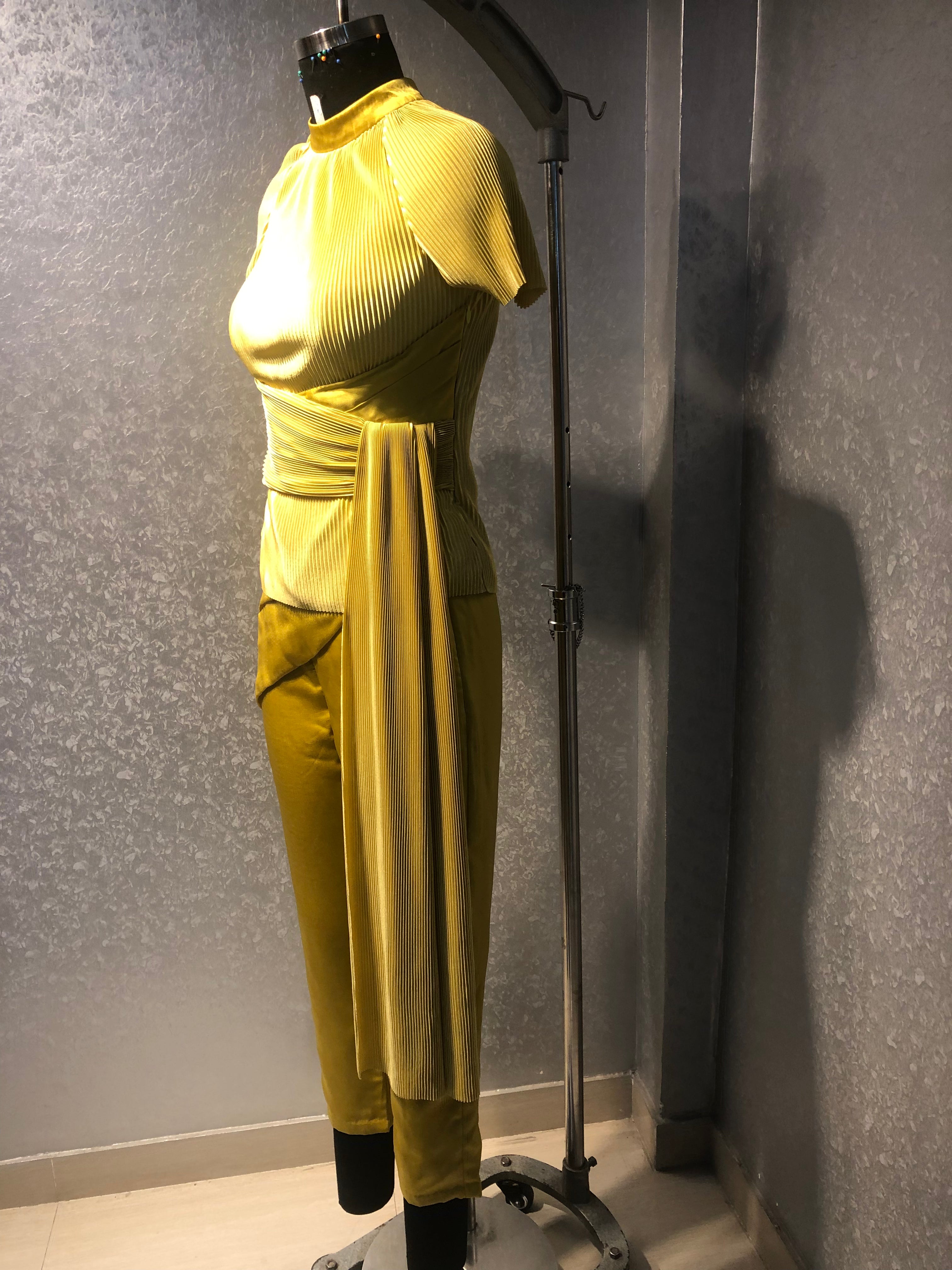MUSTERD YELLOW PLEATED DRAPED TOP WITH SATIN PANTS