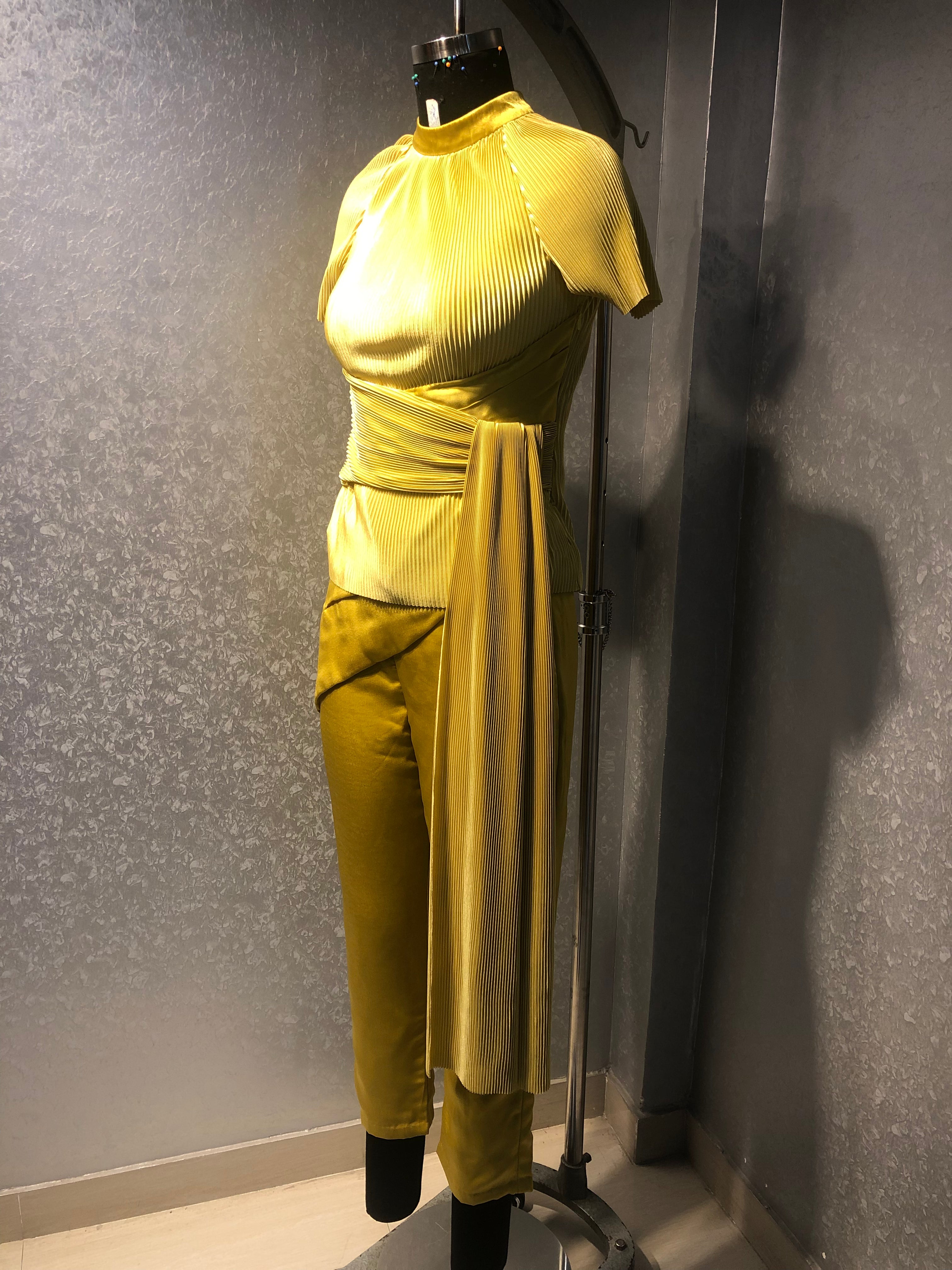 MUSTERD YELLOW PLEATED DRAPED TOP WITH SATIN PANTS