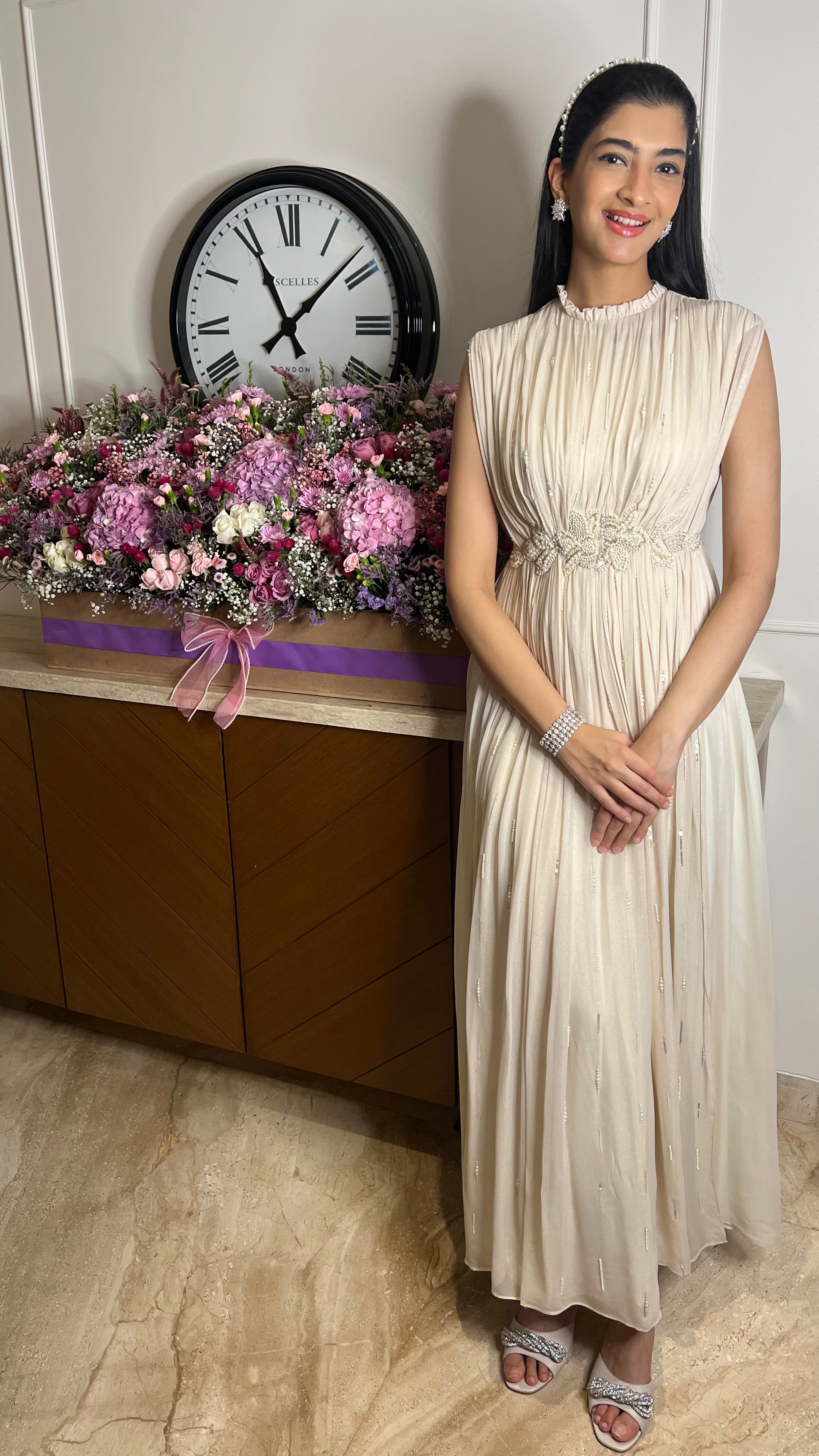 OFF WHITE GEORGETTE PEARL GOWN