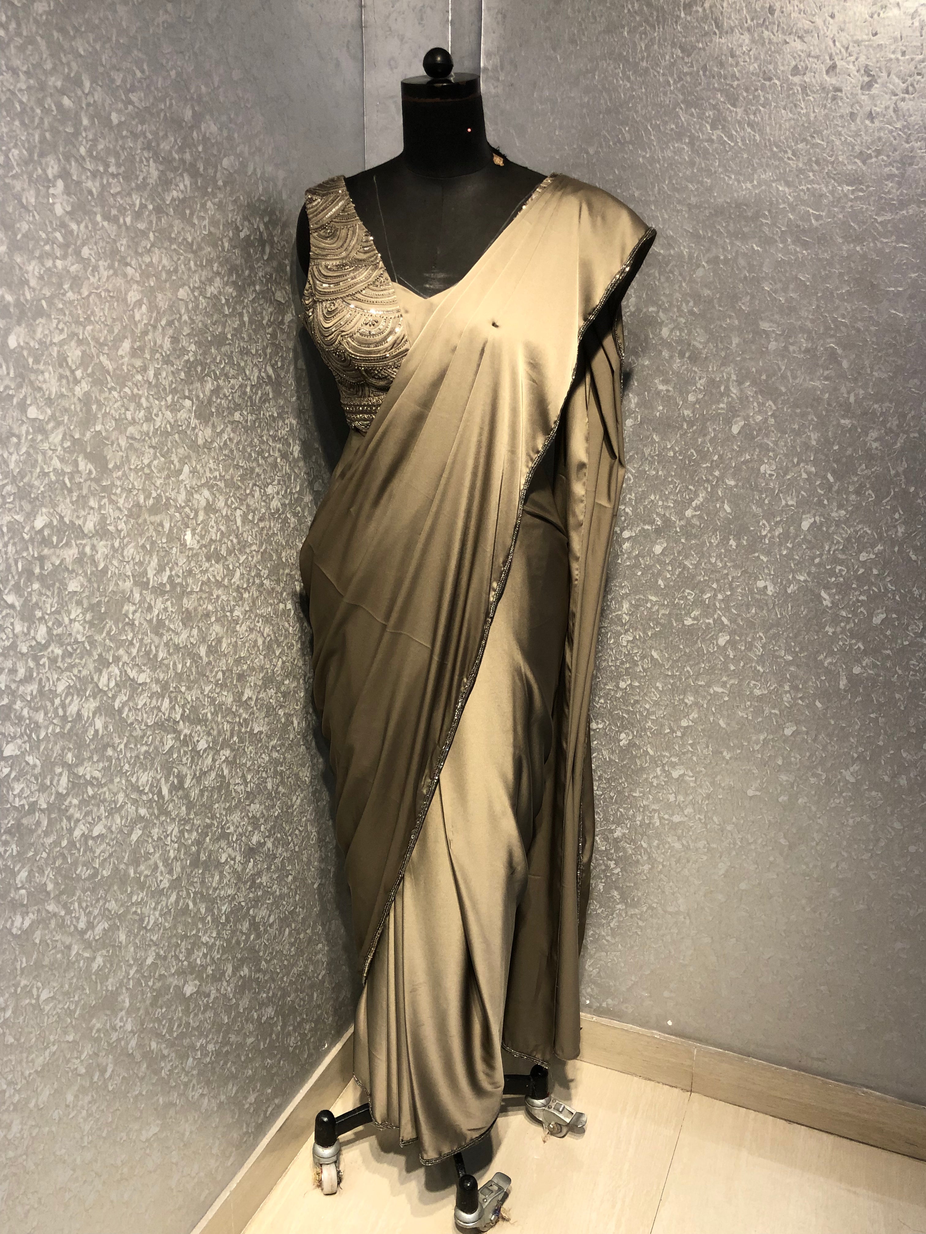 GREIGE SATIN DRAPED SAREE